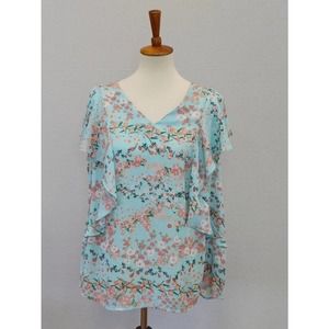 Worthington Top Women's Size 0X Shirt Short Flutter Sleeve Blue Floral Lightweig
